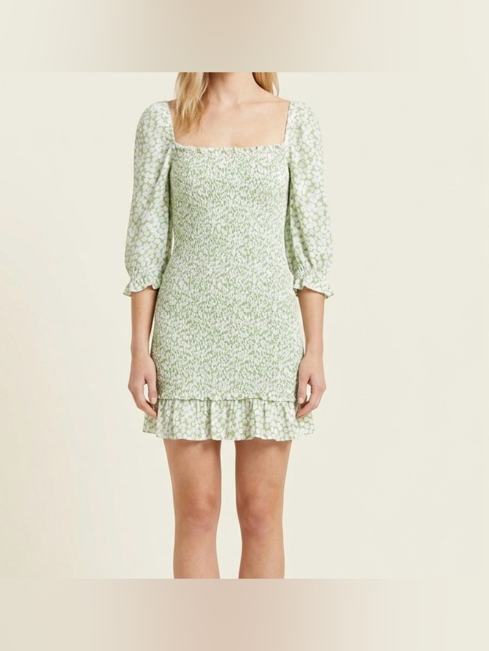 Faithfull The Brand Honfleur Floral Smocked Mini Dress Puff Sleeve Size S